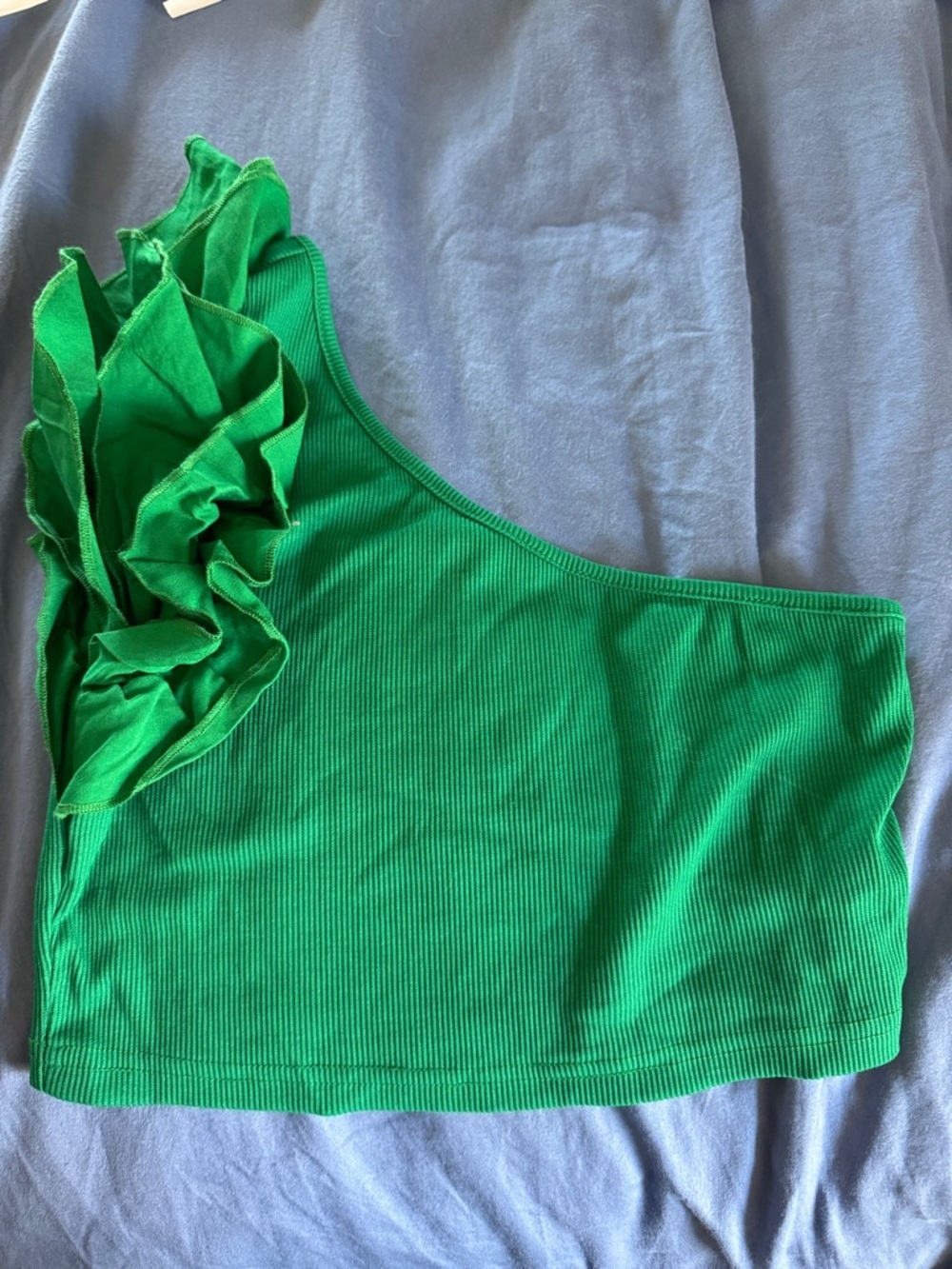 SHEIN Green One-Shoulder Ruffle Ribbed Crop Top / AA89